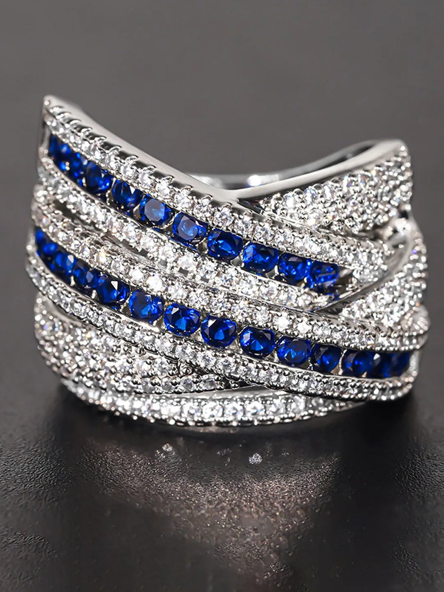 Peora Blue CZ Crossover Statement Ring - Silver