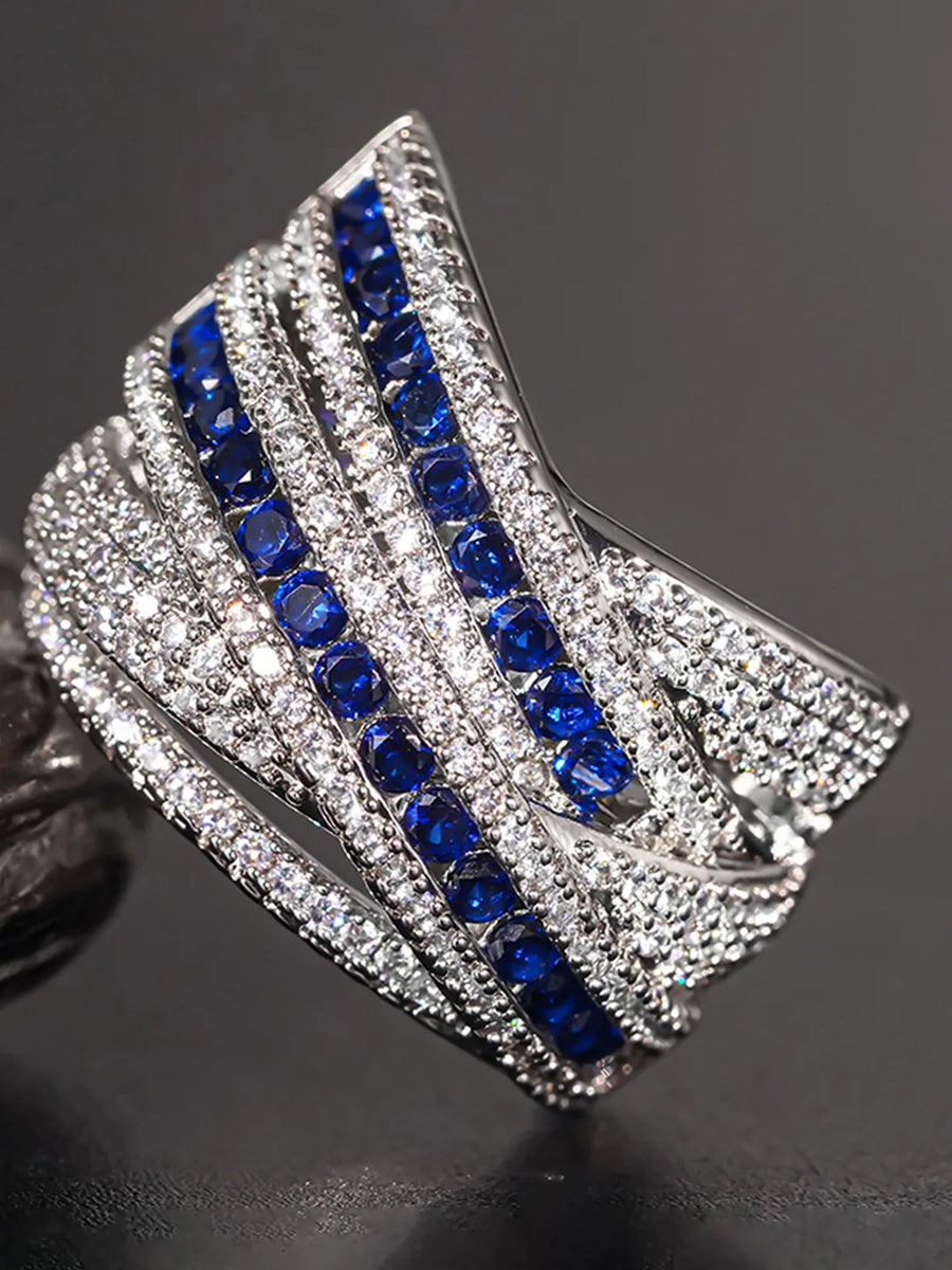 Peora Blue CZ Crossover Statement Ring - Silver