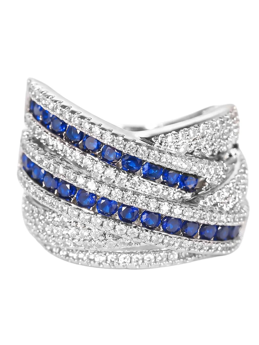 Peora Blue CZ Crossover Statement Ring - Silver