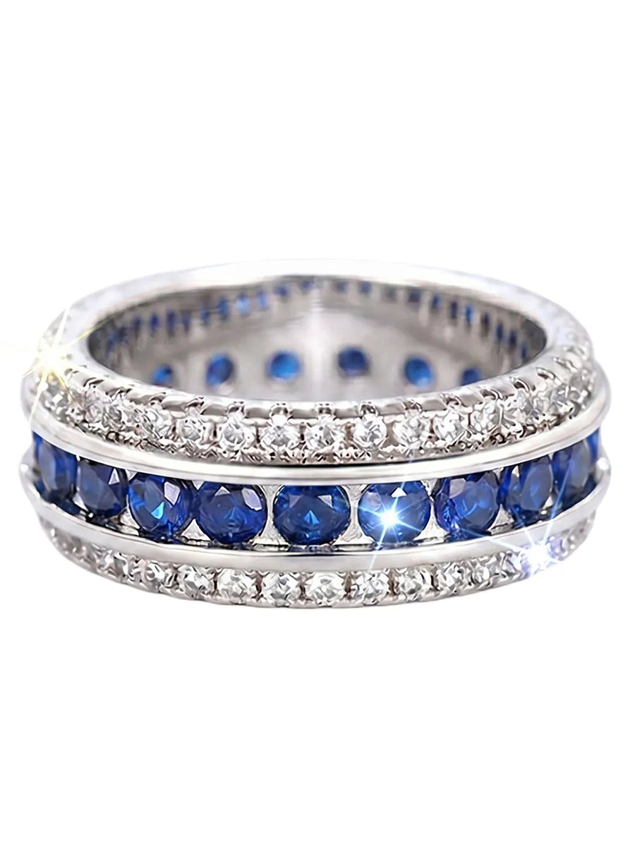 Peora Sapphire Blue CZ Eternity Band Ring - Silver