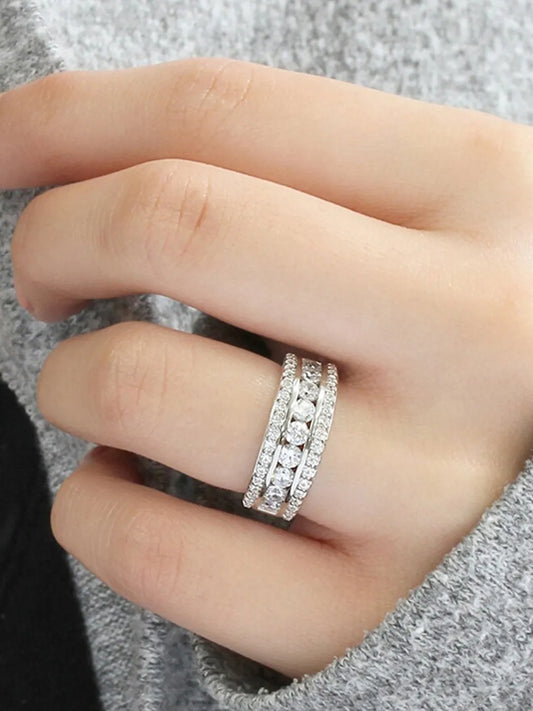 Peora Glam Triple Row CZ Statement Ring - Silver