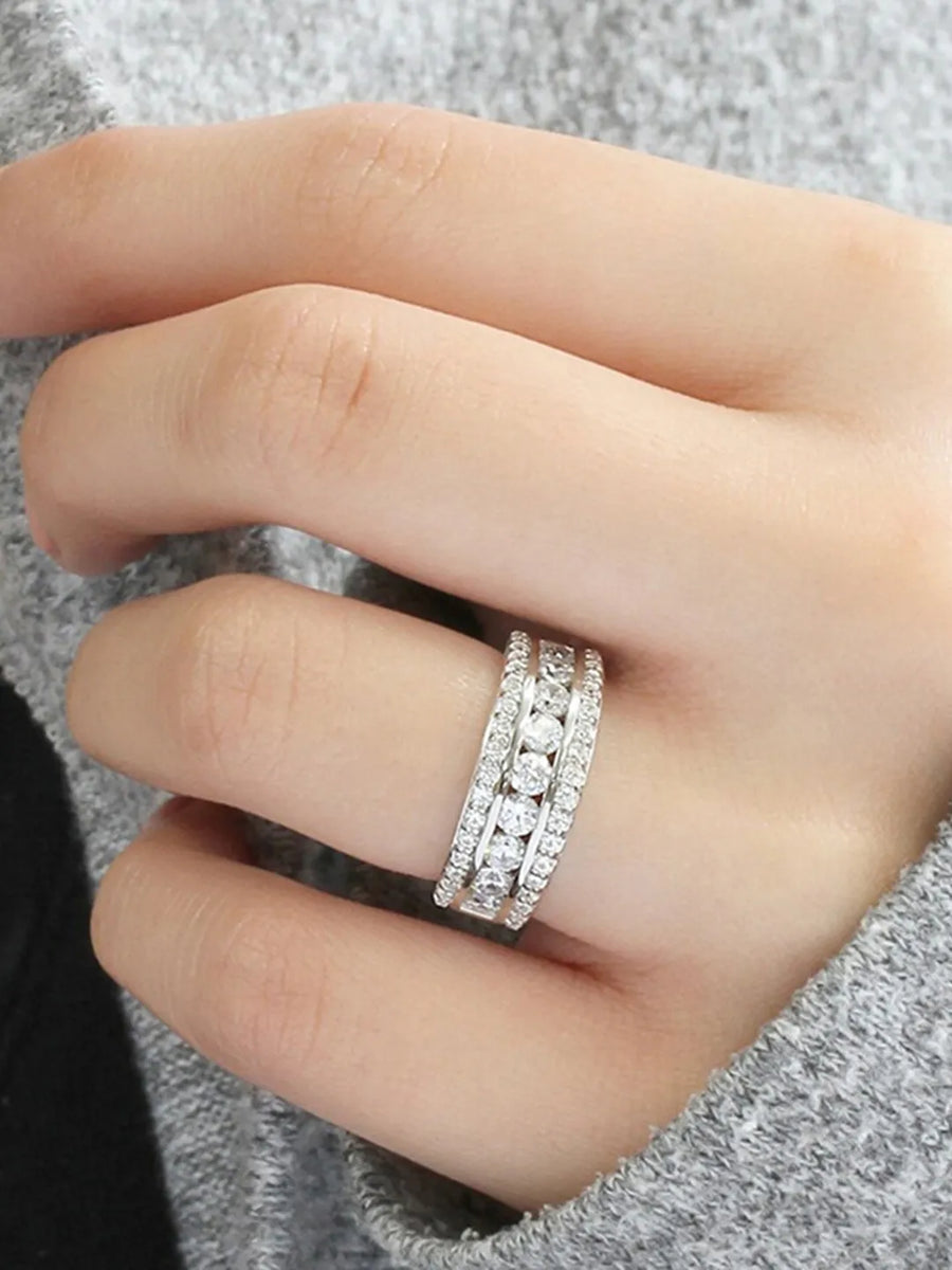 Peora Glam Triple Row CZ Statement Ring - Silver