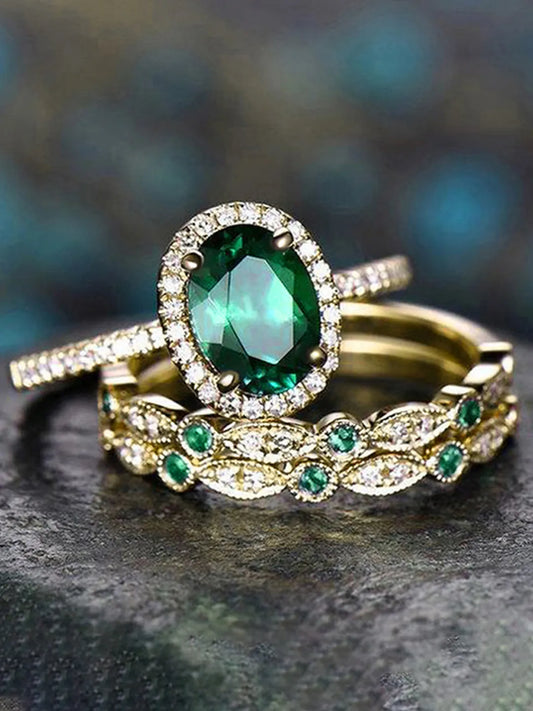 Peora Green Oval Cocktail Stackable Ring - Gold