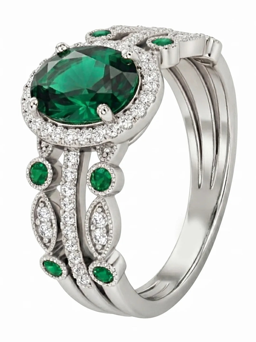 Peora Green Oval Cocktail Stackable Ring - Silver