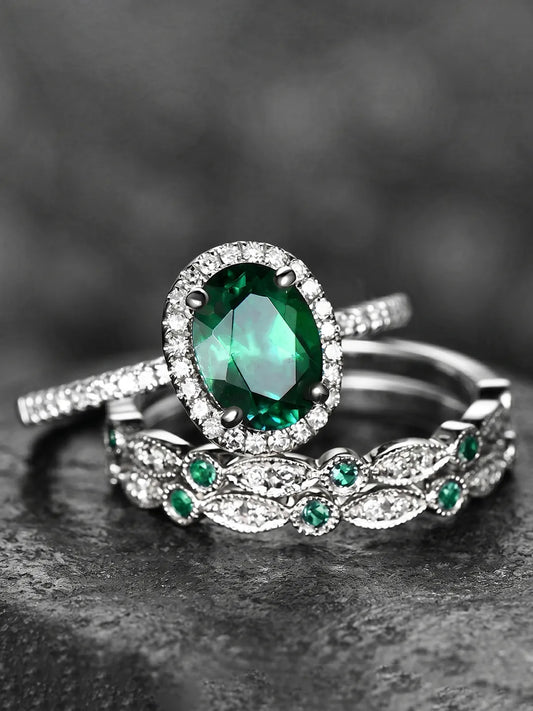 Peora Green Oval Cocktail Stackable Ring - Silver