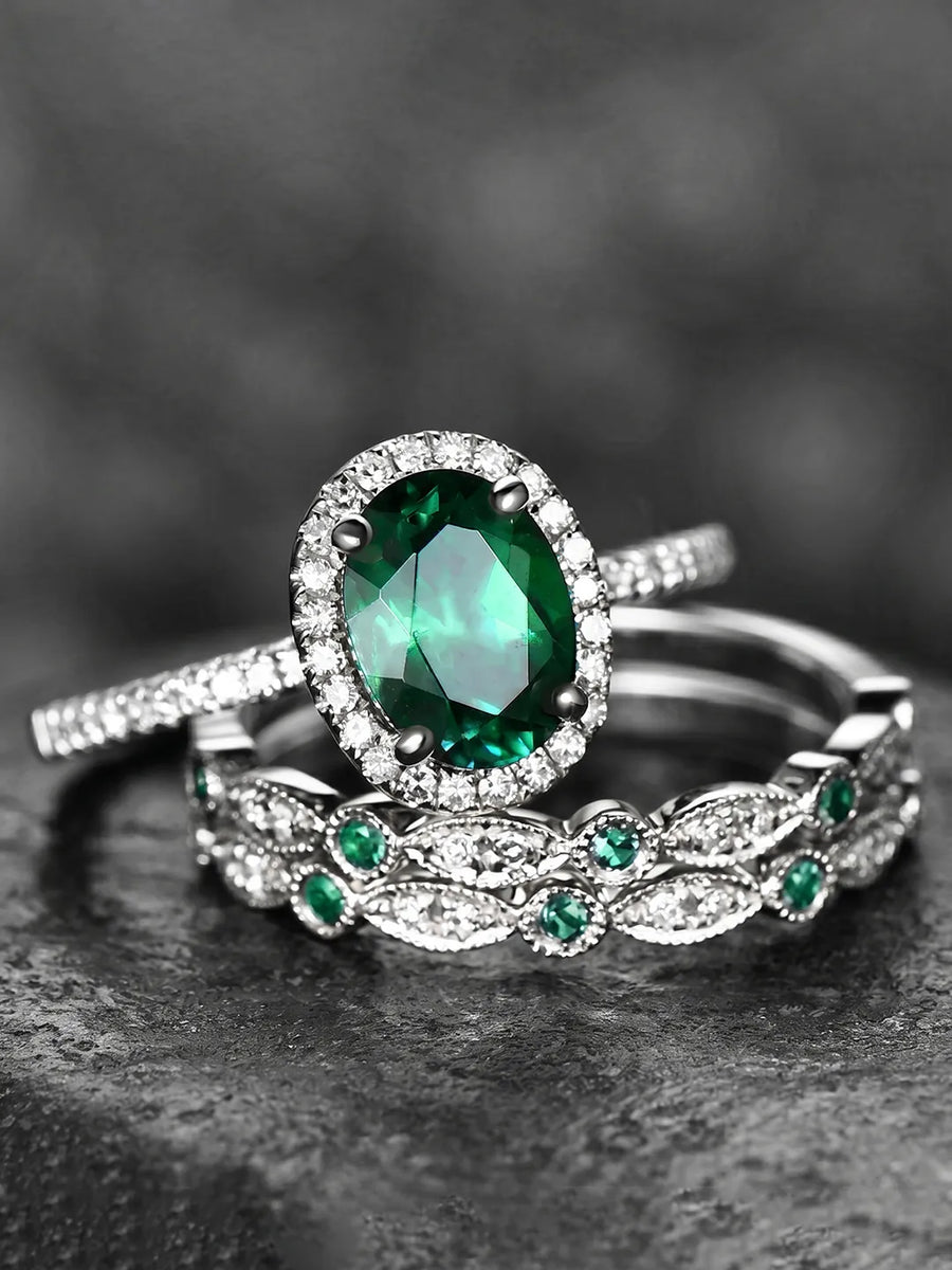 Peora Green Oval Cocktail Stackable Ring - Silver