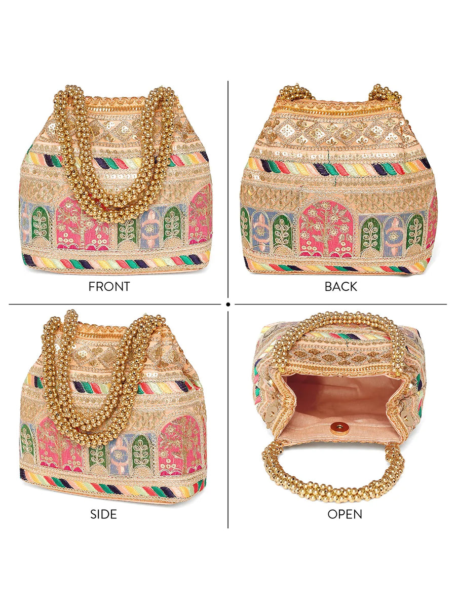 Peach potli bag named Ethnic Embroidered Potli Purse, featuring artificial beads detailing and soft fabric texture | Peora
