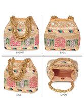 Peach potli bag named Ethnic Embroidered Potli Purse, featuring artificial beads detailing and soft fabric texture | Peora

