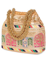 Peach potli bag named Ethnic Embroidered Potli Purse, featuring artificial beads detailing and soft fabric texture | Peora

