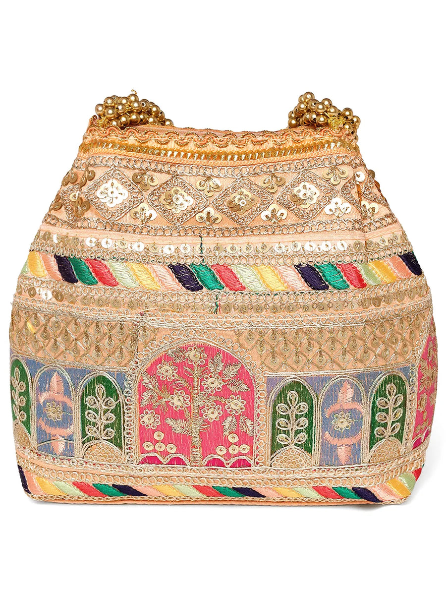 Peach potli bag named Ethnic Embroidered Potli Purse, featuring artificial beads detailing and soft fabric texture | Peora
