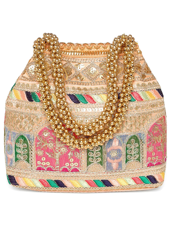 Peach potli bag named Ethnic Embroidered Potli Purse, featuring artificial beads detailing and soft fabric texture | Peora

