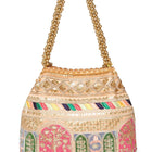 Peach potli bag named Ethnic Embroidered Potli Purse, featuring artificial beads detailing and soft fabric texture | Peora

