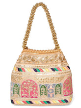 Peach potli bag named Ethnic Embroidered Potli Purse, featuring artificial beads detailing and soft fabric texture | Peora
