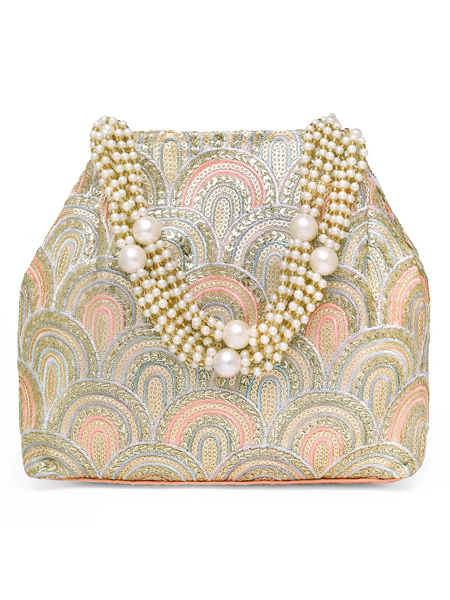 Peach potli bag named Sequin Wave Embellished Potli Bag, featuring artificial beads detailing and soft fabric texture | Peora
