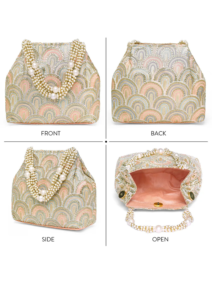 Peach potli bag named Sequin Wave Embellished Potli Bag, featuring artificial beads detailing and soft fabric texture | Peora
