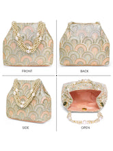 Peach potli bag named Sequin Wave Embellished Potli Bag, featuring artificial beads detailing and soft fabric texture | Peora
