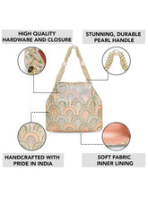 Peach potli bag named Sequin Wave Embellished Potli Bag, featuring artificial beads detailing and soft fabric texture | Peora
