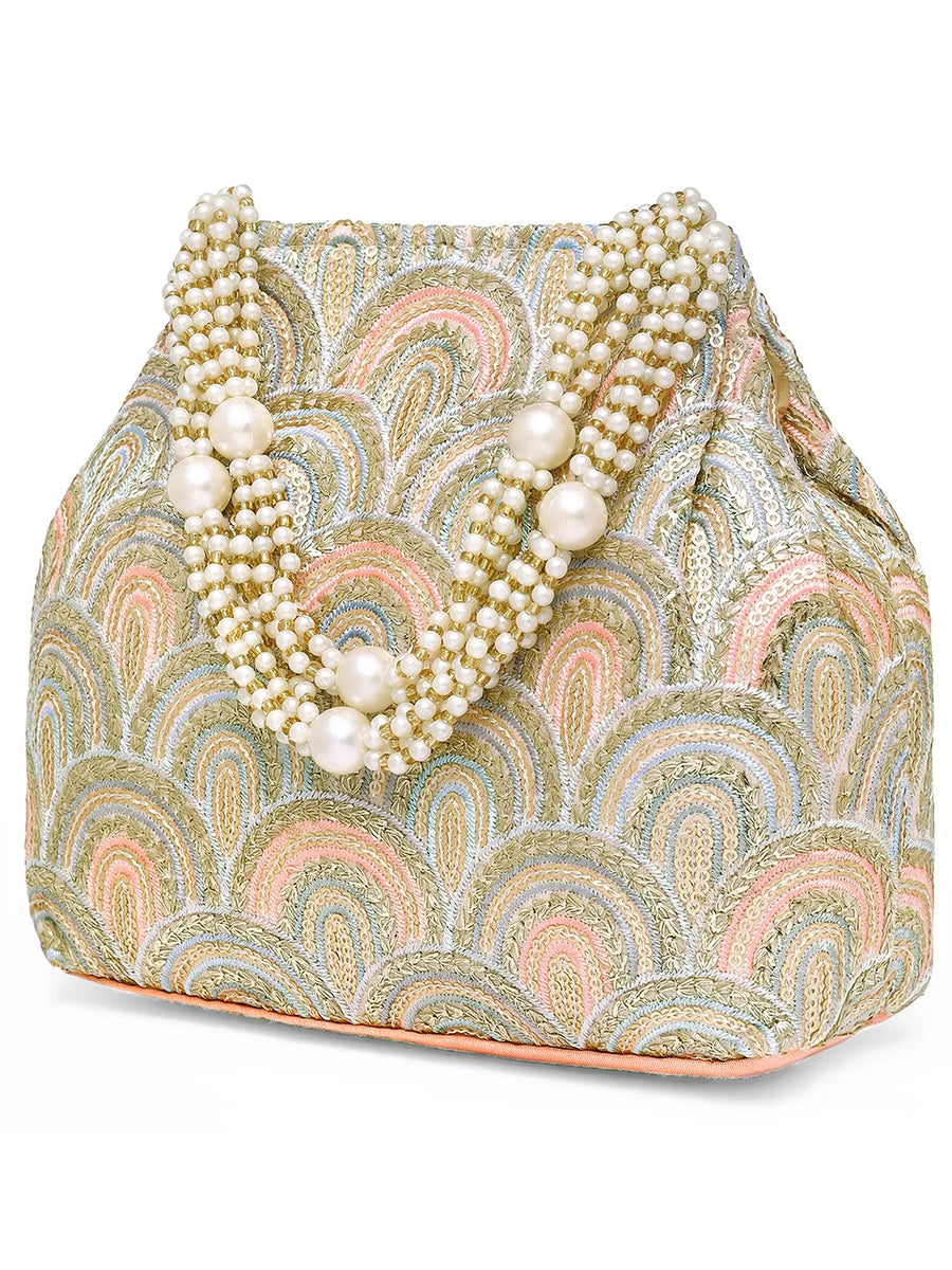 Peach potli bag named Sequin Wave Embellished Potli Bag, featuring artificial beads detailing and soft fabric texture | Peora
