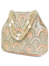 Peach potli bag named Sequin Wave Embellished Potli Bag, featuring artificial beads detailing and soft fabric texture | Peora
