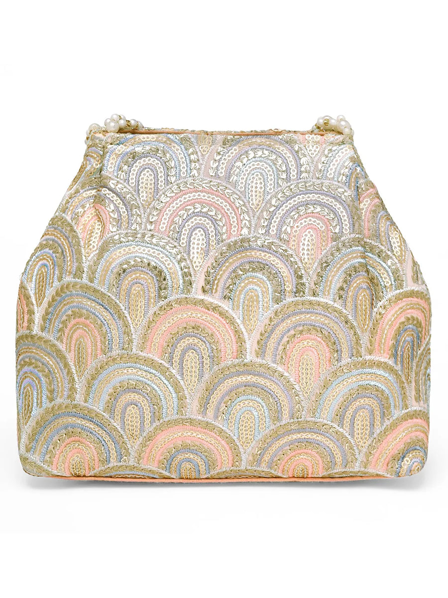 Peach potli bag named Sequin Wave Embellished Potli Bag, featuring artificial beads detailing and soft fabric texture | Peora
