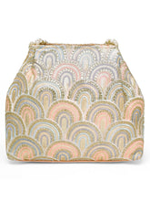 Peach potli bag named Sequin Wave Embellished Potli Bag, featuring artificial beads detailing and soft fabric texture | Peora

