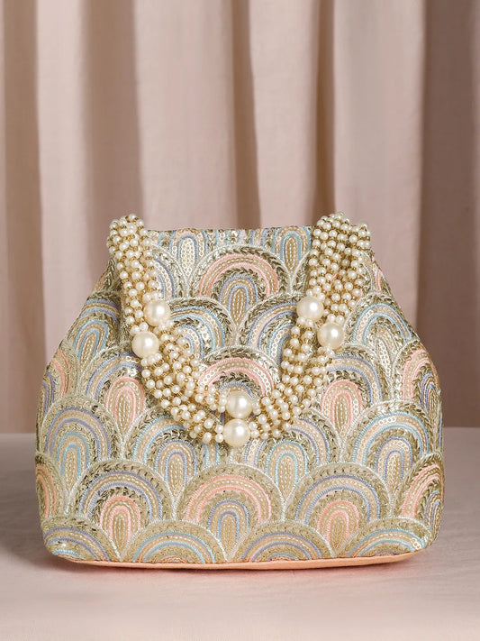 Peach potli bag named Sequin Wave Embellished Potli Bag, featuring artificial beads detailing and soft fabric texture | Peora
