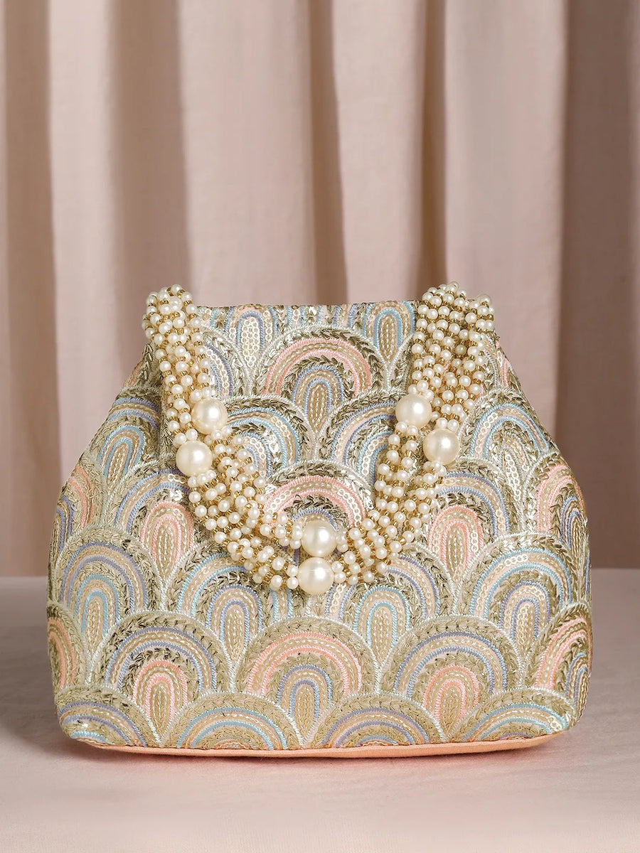 Peach potli bag named Sequin Wave Embellished Potli Bag, featuring artificial beads detailing and soft fabric texture | Peora
