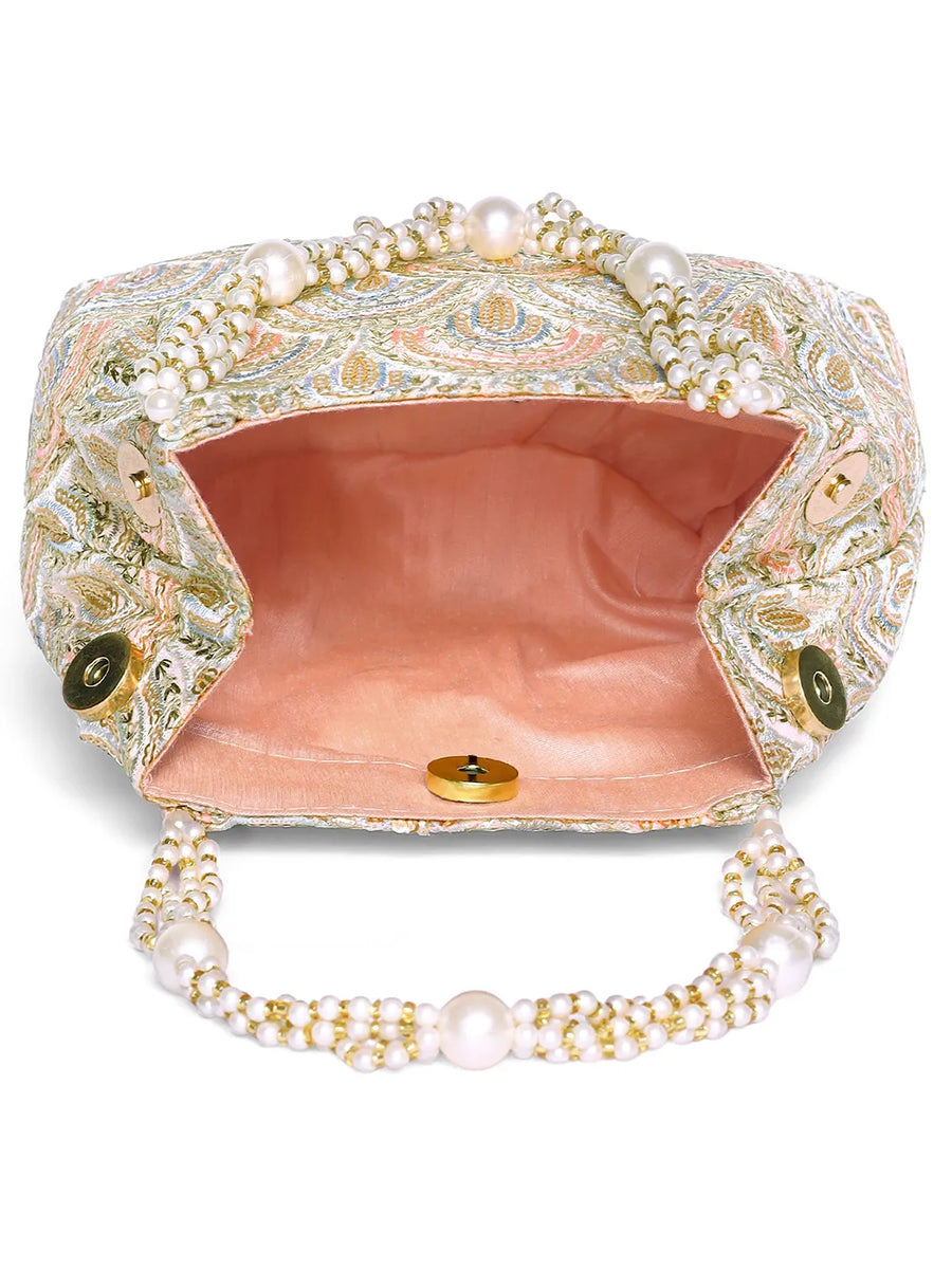 Peach potli bag named Sequin Wave Embellished Potli Bag, featuring artificial beads detailing and soft fabric texture | Peora

