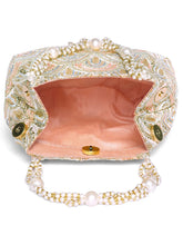 Peach potli bag named Sequin Wave Embellished Potli Bag, featuring artificial beads detailing and soft fabric texture | Peora
