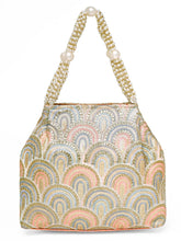 Peach potli bag named Sequin Wave Embellished Potli Bag, featuring artificial beads detailing and soft fabric texture | Peora
