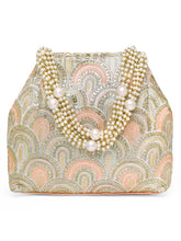 Peach potli bag named Sequin Wave Embellished Potli Bag, featuring artificial beads detailing and soft fabric texture | Peora

