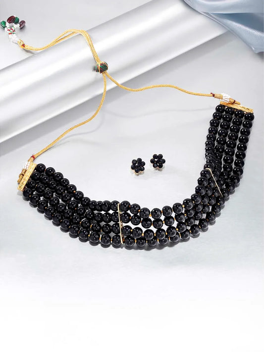 Classic Pearl Beaded Choker & Earrings - Black