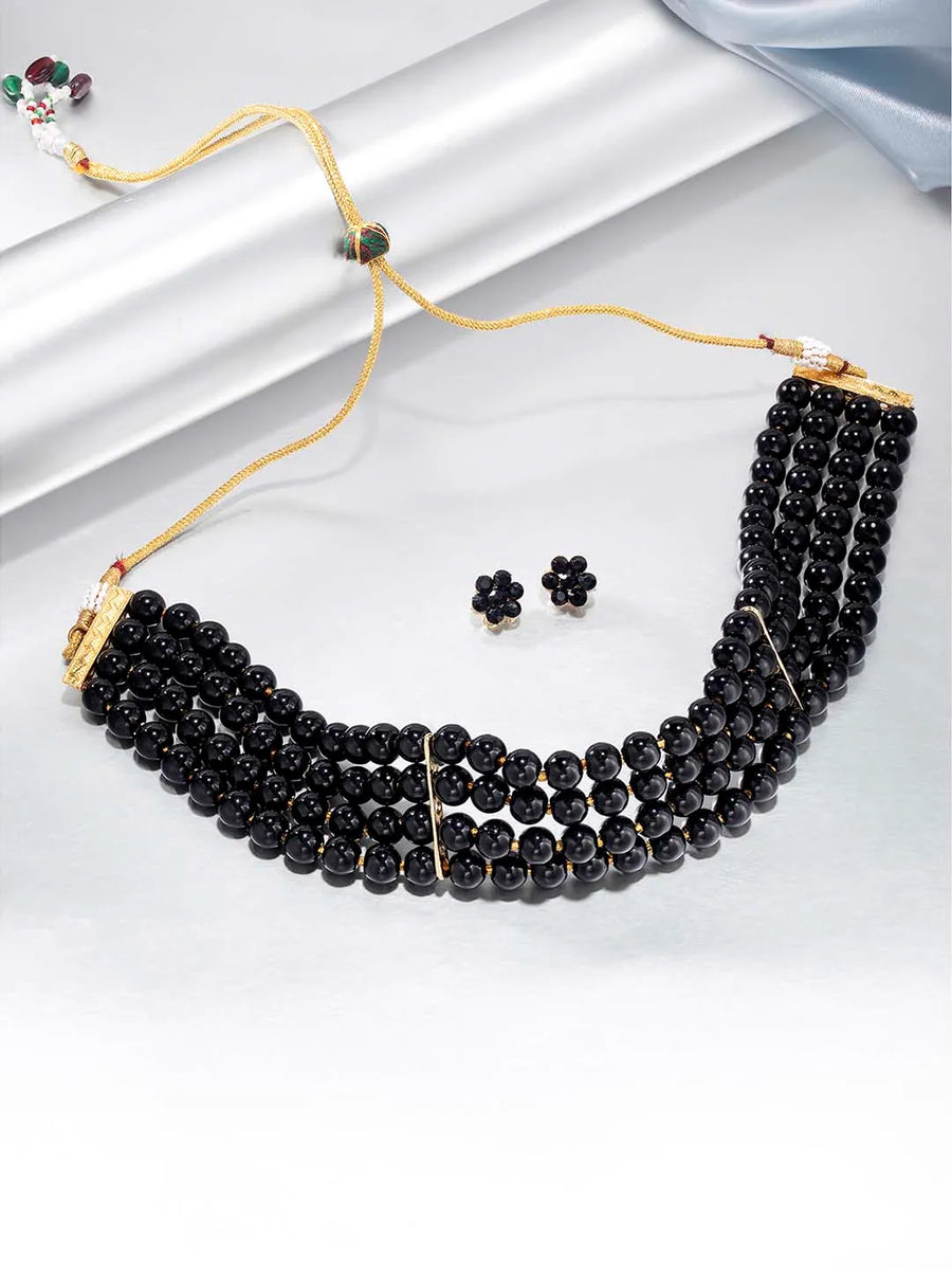 Classic Pearl Beaded Choker & Earrings - Black