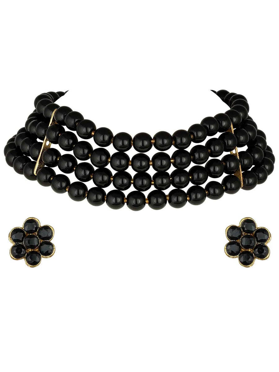 Classic Pearl Beaded Choker & Earrings - Black