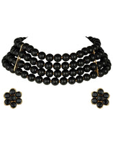 Classic Pearl Beaded Choker & Earrings - Black