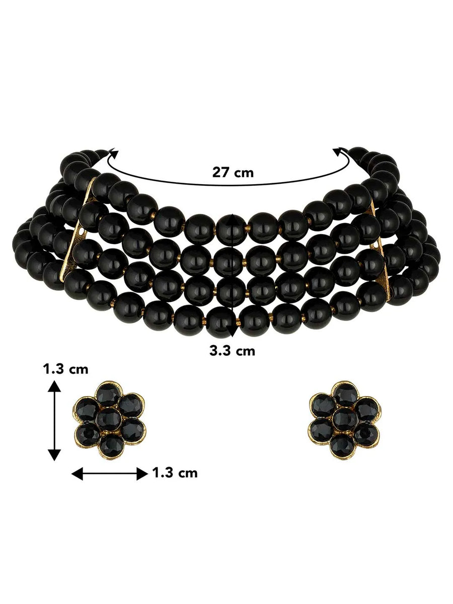 Classic Pearl Beaded Choker & Earrings - Black