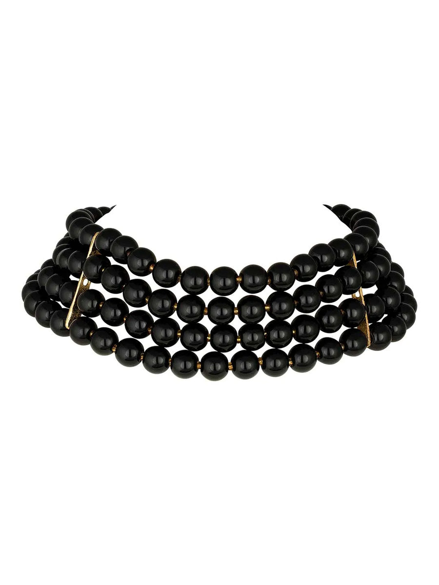 Classic Pearl Beaded Choker & Earrings - Black