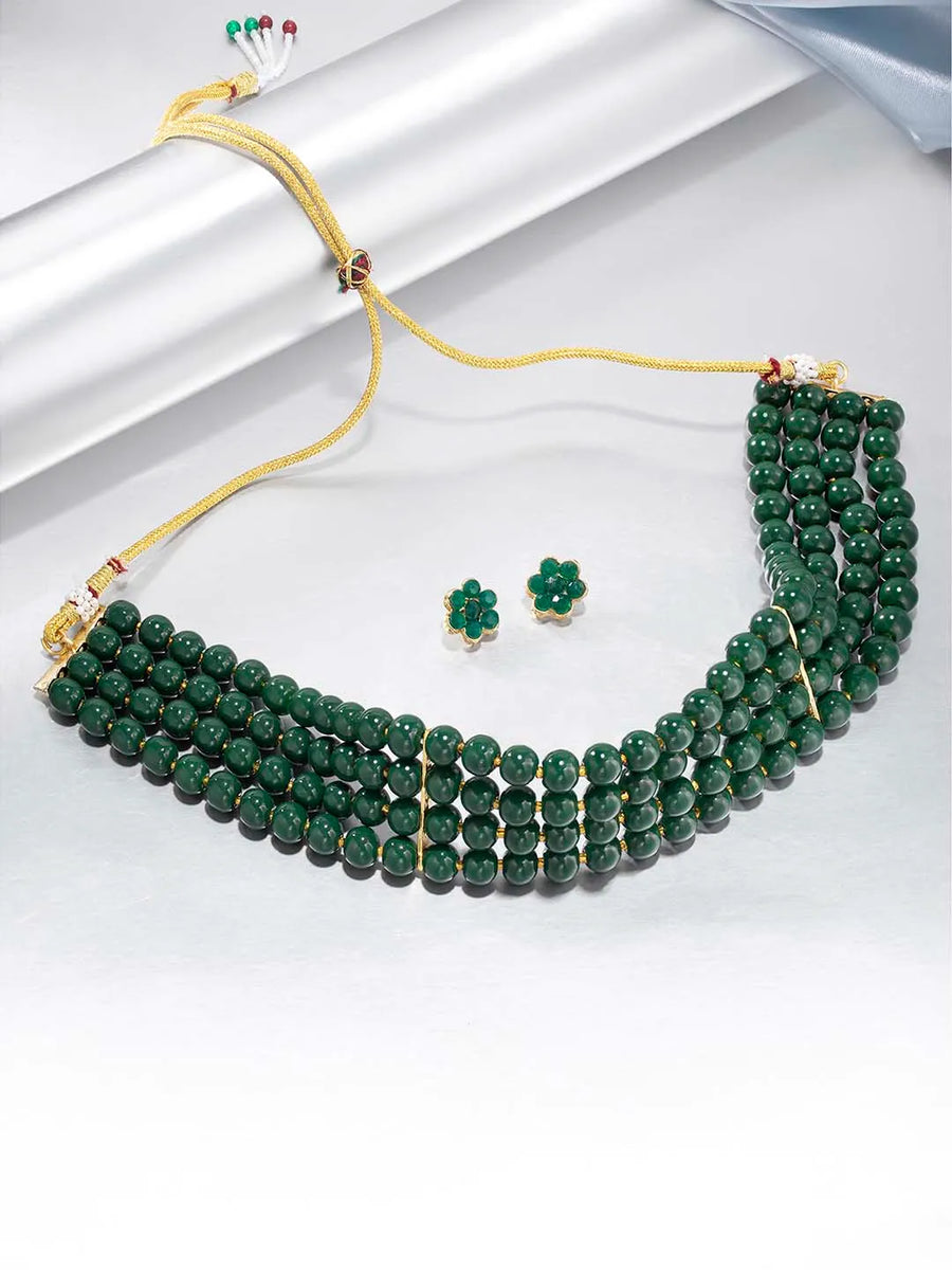 Classic Pearl Beaded Choker & Earrings - Green