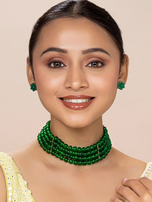 Classic Pearl Beaded Choker & Earrings - Green