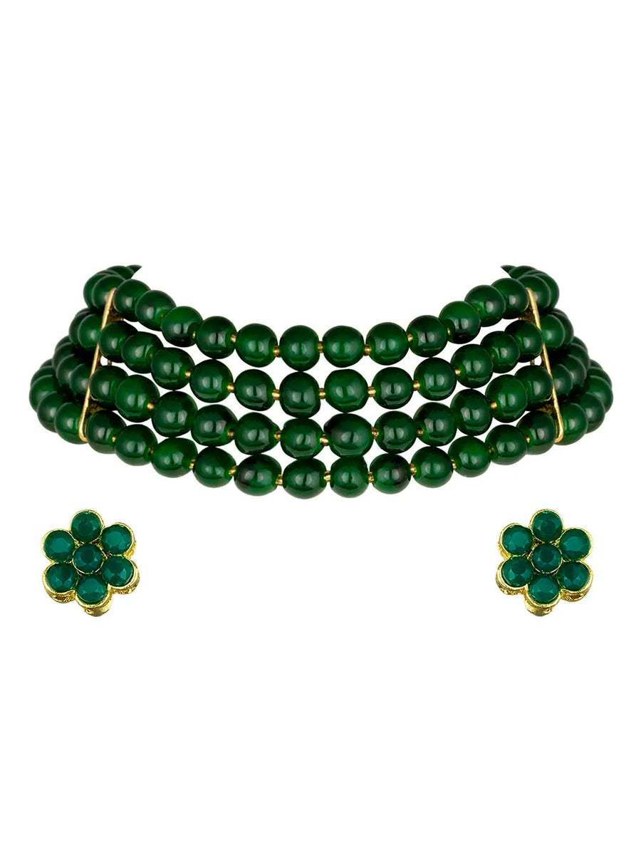 Classic Pearl Beaded Choker & Earrings - Green