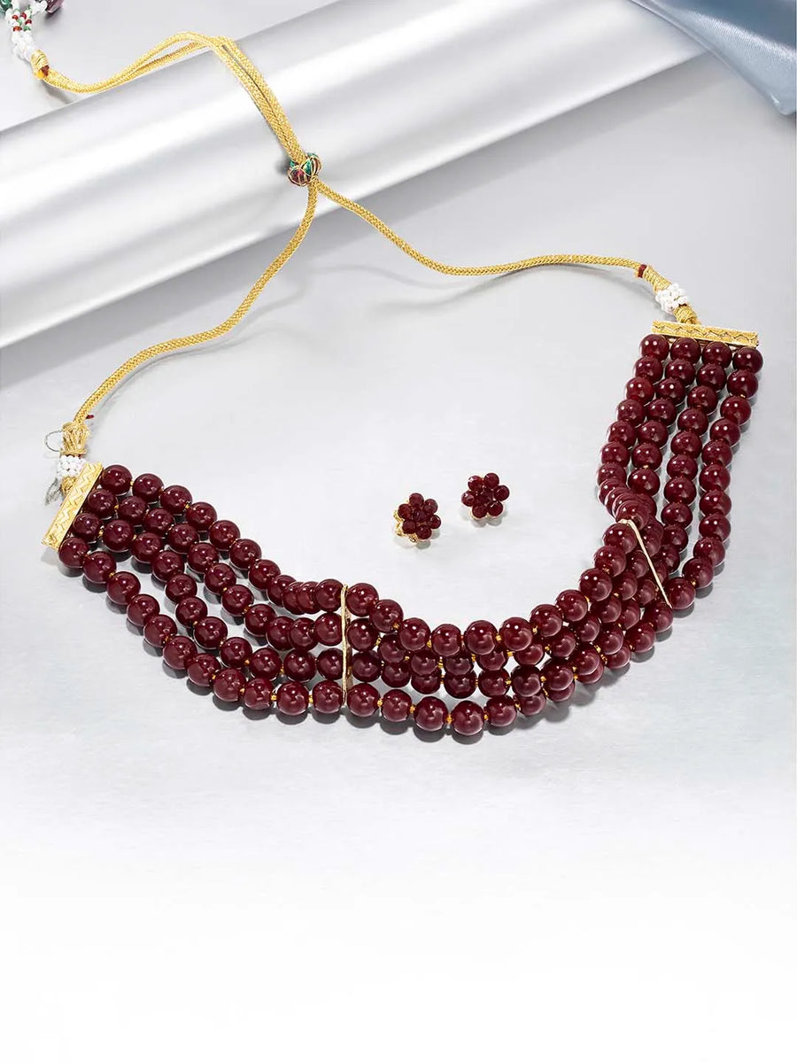 Classic Pearl Beaded Choker & Earrings - Maroon