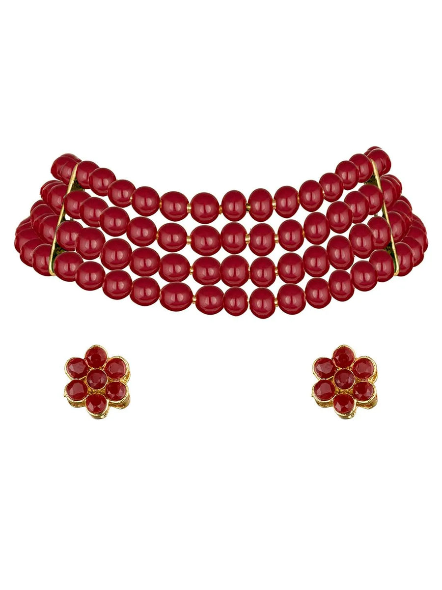 Classic Pearl Beaded Choker & Earrings - Maroon