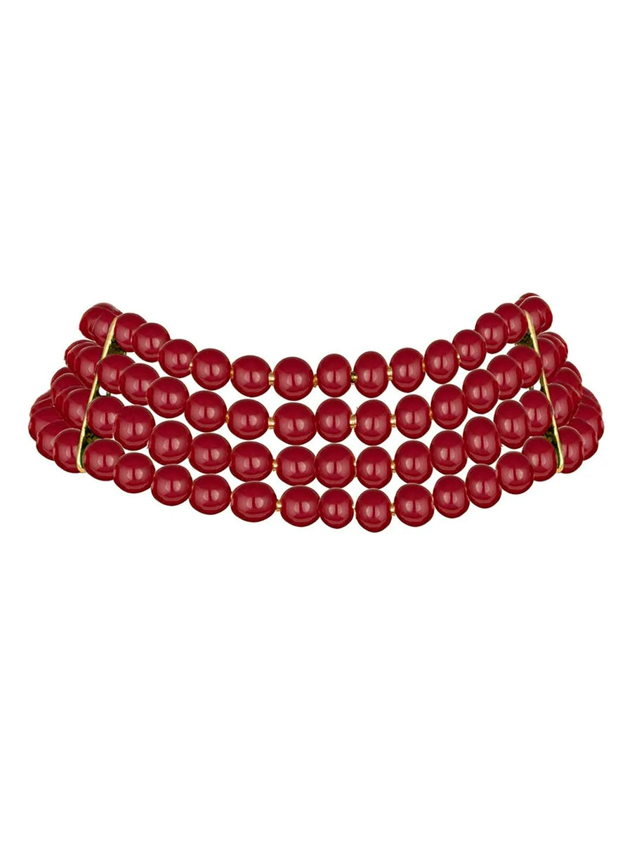 Classic Pearl Beaded Choker & Earrings - Maroon