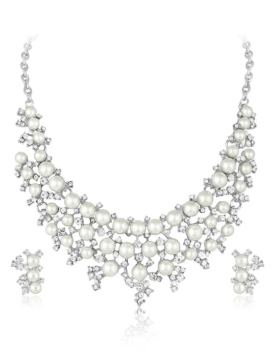 Royal Pearl Cluster Necklace Set - White