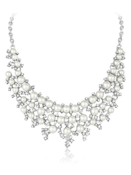 White necklace earrings set crafted from alloy, adorned with cubic zirconia & pearl for an elegant, timeless look | Peora
