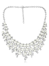 White necklace earrings set crafted from alloy, adorned with cubic zirconia & pearl for an elegant, timeless look | Peora
