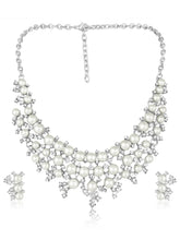 White necklace earrings set crafted from alloy, adorned with cubic zirconia & pearl for an elegant, timeless look | Peora
