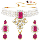 Bliss Crystal Pearl Choker Necklace Set - Rani Pink
