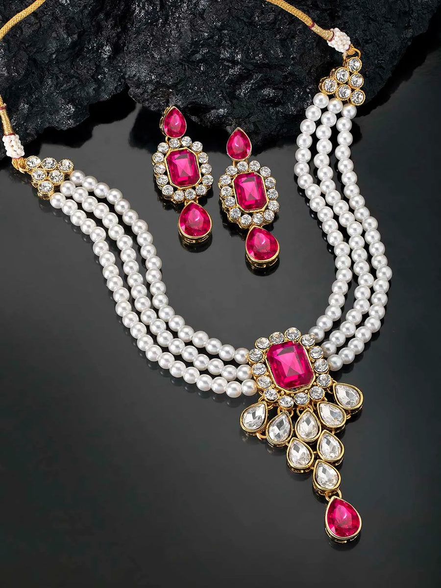 Bliss Crystal Pearl Choker Necklace Set - Rani Pink