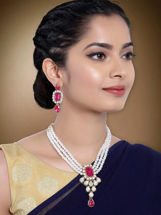 Bliss Crystal Pearl Choker Necklace Set - Rani Pink